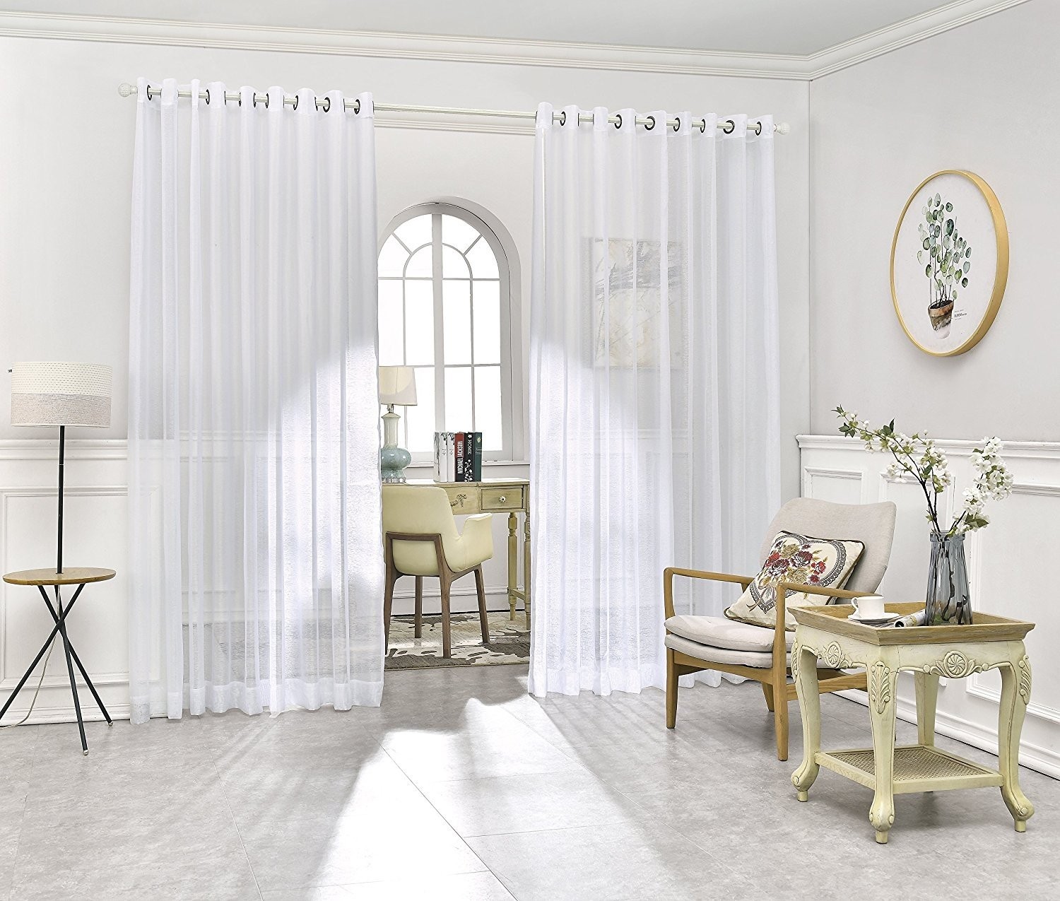 Sheer White Room Divider Curtains 108 x 100 Extra Large – Faux Linen for Bay