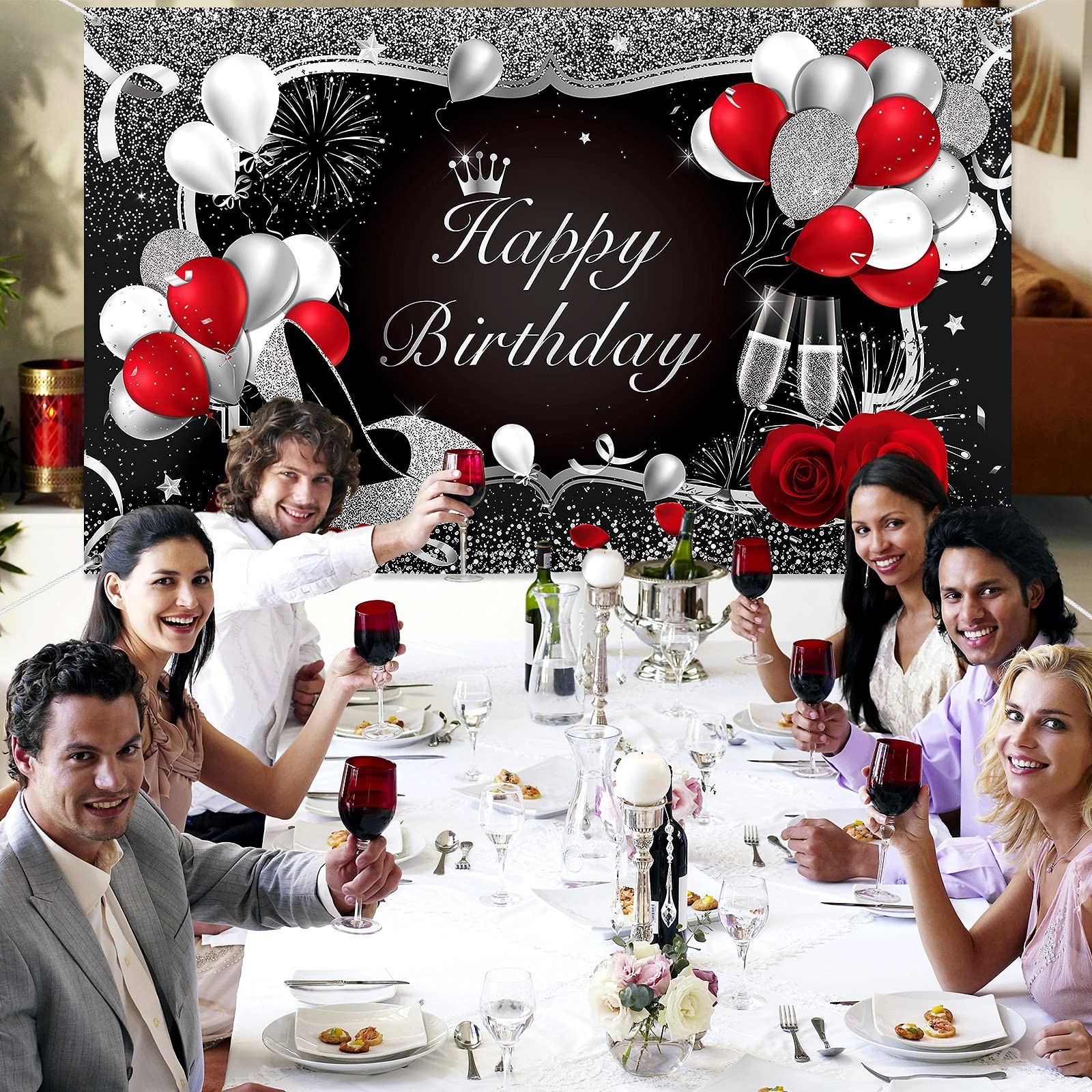 Irenare Happy Birthday Banner Red Backdrop Large, Rose