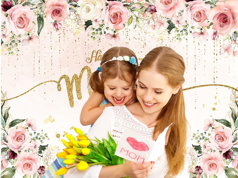 7x5ft Happy Mother’s Day Backdrop Pink Flowers Golden Mother’s Day Party Wall…