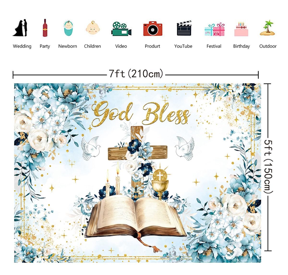 God Bless Backdrop 7x5FT First Holy Communion Baptism Blue Flower Cross Photo
