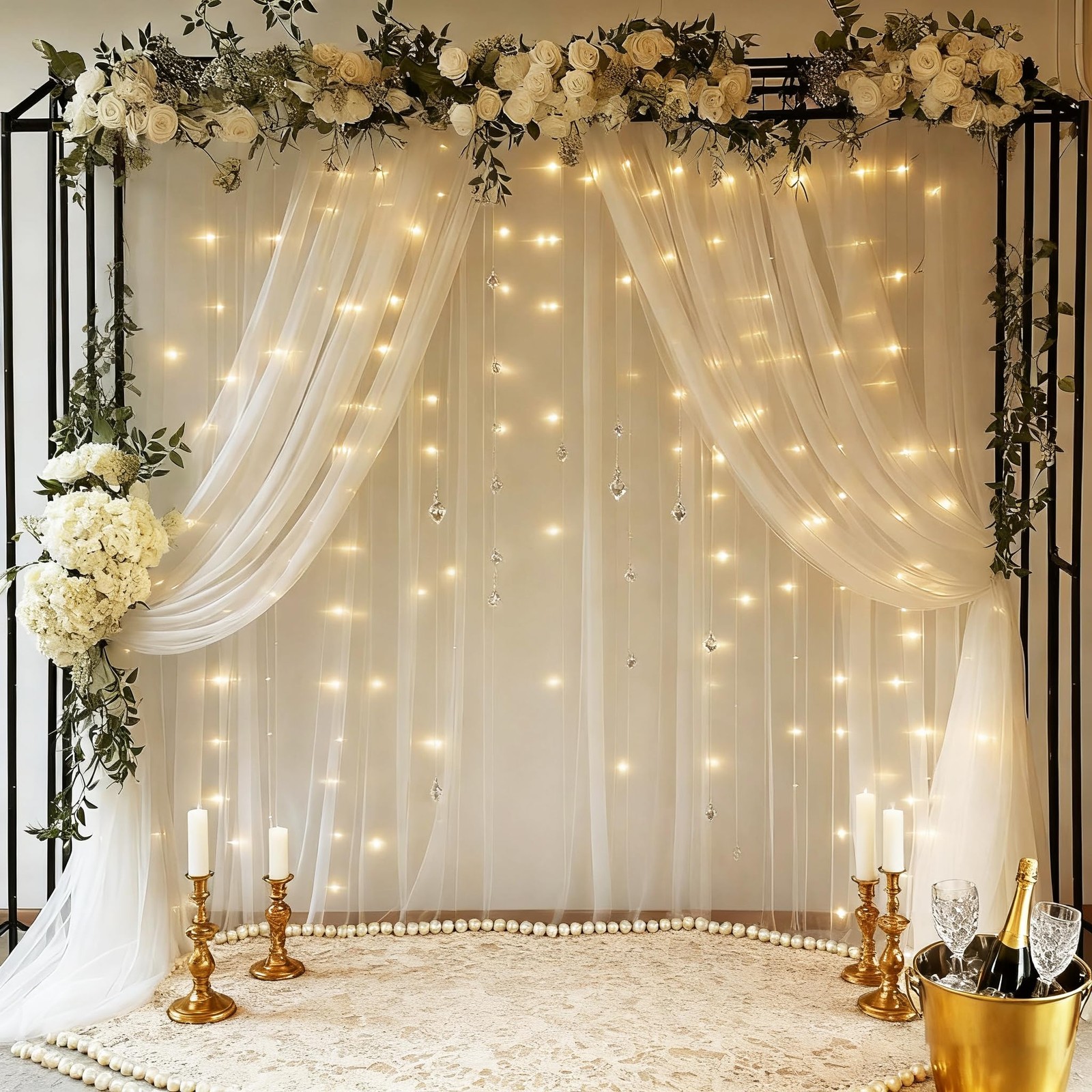 10x10ft White Tulle Backdrop Curtain with Lights String for Parites
