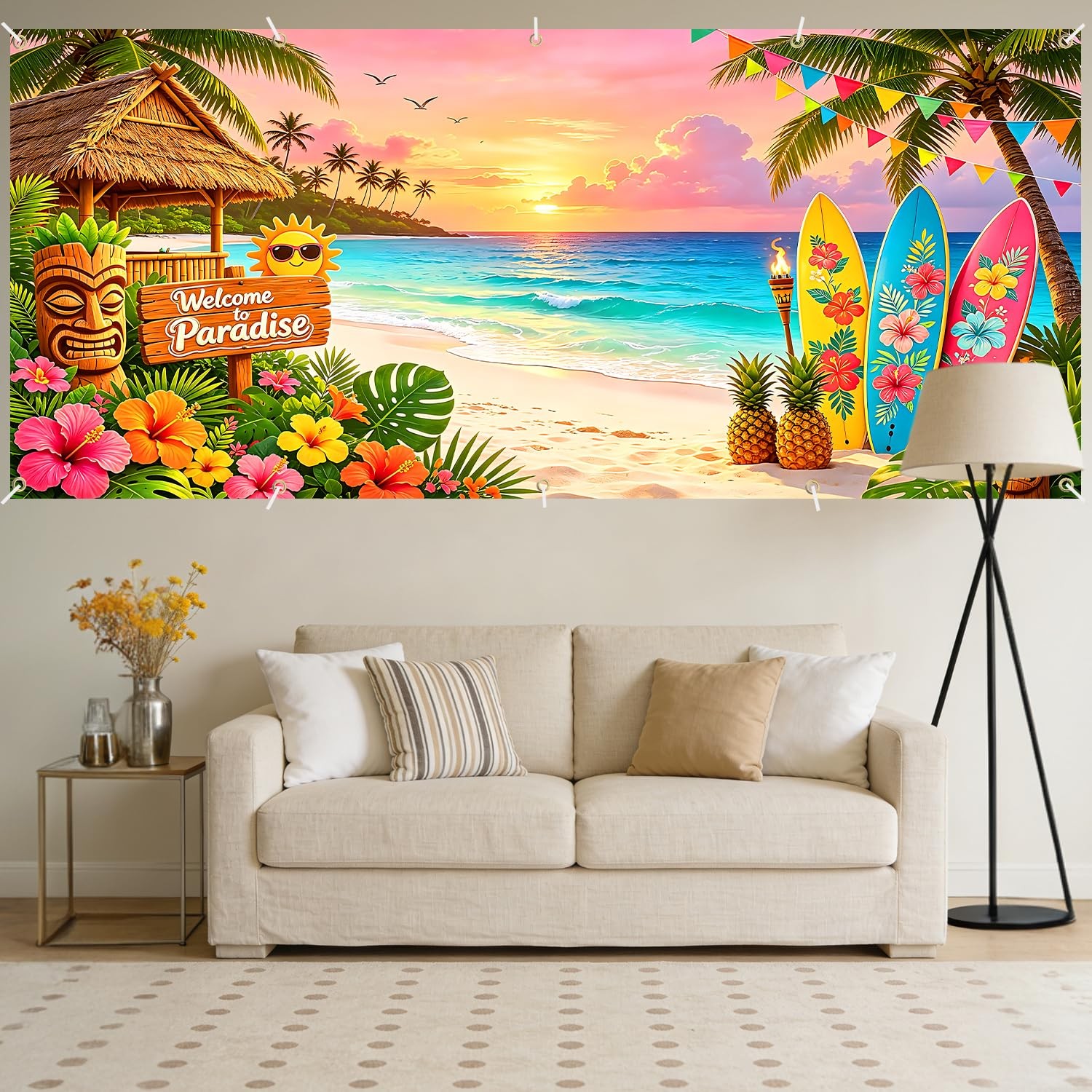 Tropical Paradise Garage Door Banner 7 x 16 FT,Extra Large Hawaiian Luau Part…