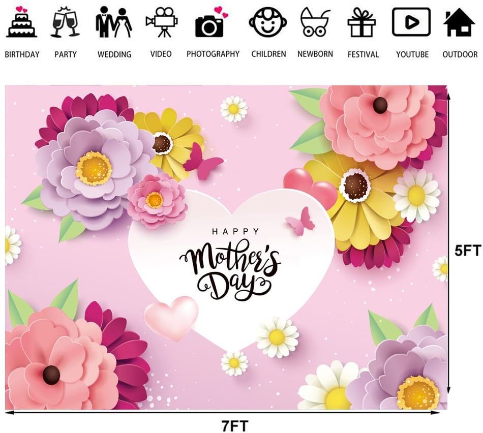 7x5ft Happy Mother’s Day Photo Backdrops Thanks Mother Party Photoshoot Backdrop