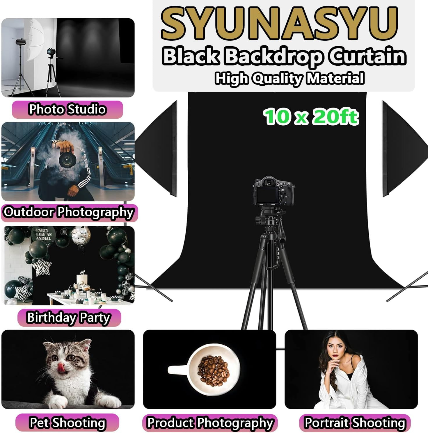 10X20Ft Large Black Backdrop, Polyester Black Photography Background Screen, Hig
