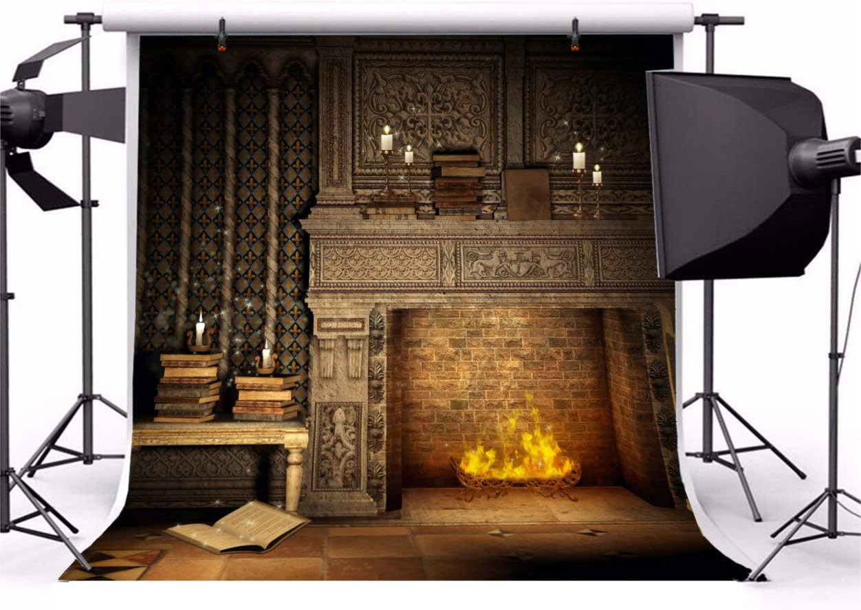 Magical Fantasy Room Vinyl Backdrop 10x10Ft with Fireplace & Books