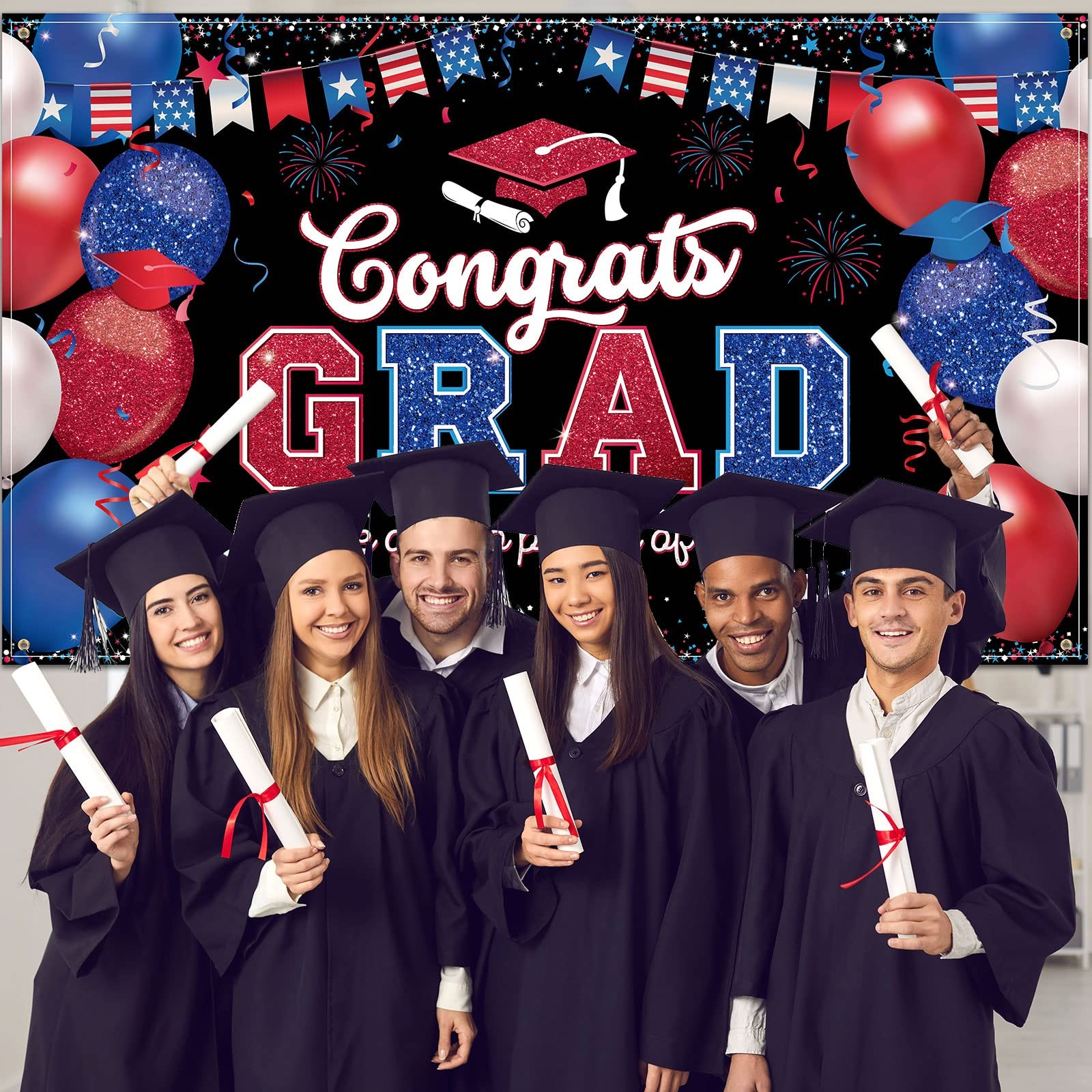 Graduation Party Backdrop Decoration Congrats Grad Backdrop Banner Red and Bl…