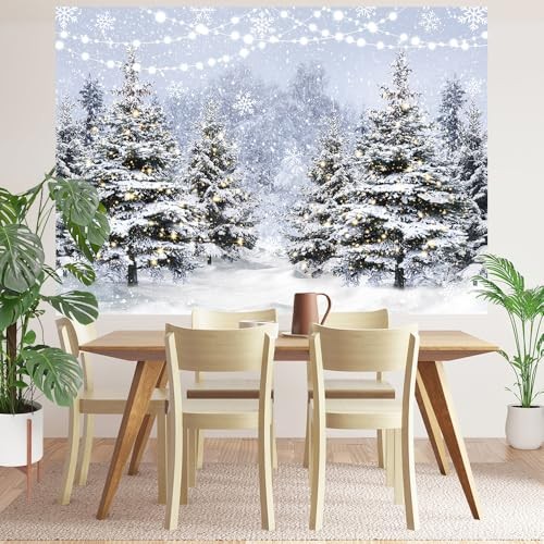 White Snowflake Xmas Tree Backdrop – Winter Snow Pine Tree – 7x5ft