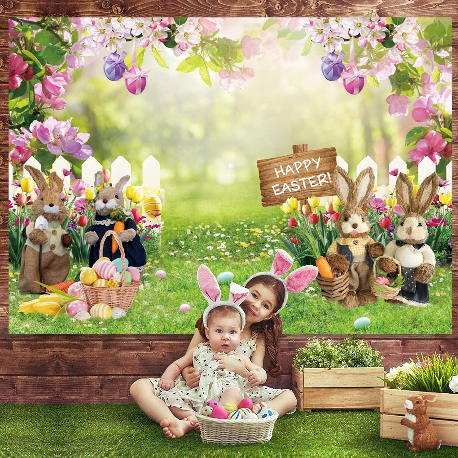 Spring Easter Photography Backdrop 7X5Ft Easter Rabbit Garden Colorful Eggs