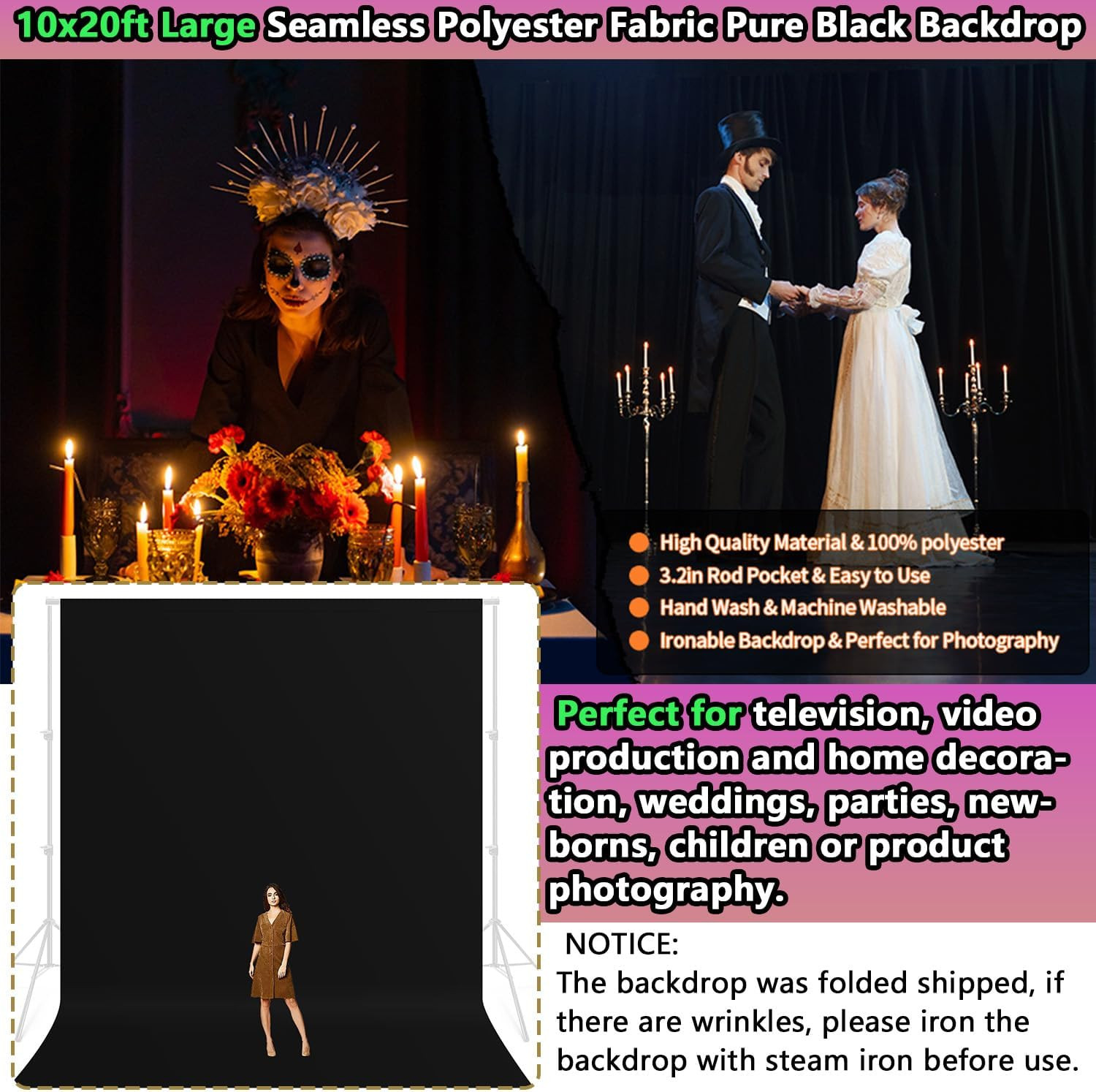 10X20Ft Large Black Backdrop, Polyester Black Photography Background Screen, Hig